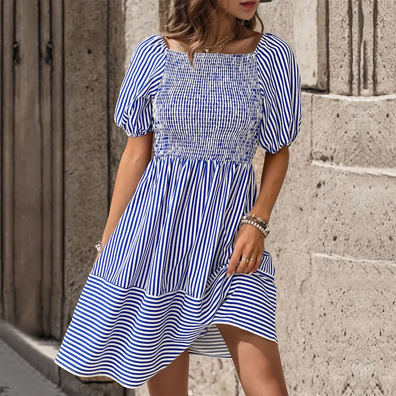 Chic Women's Navy Striped A-Line Striped Dress with Square Collar