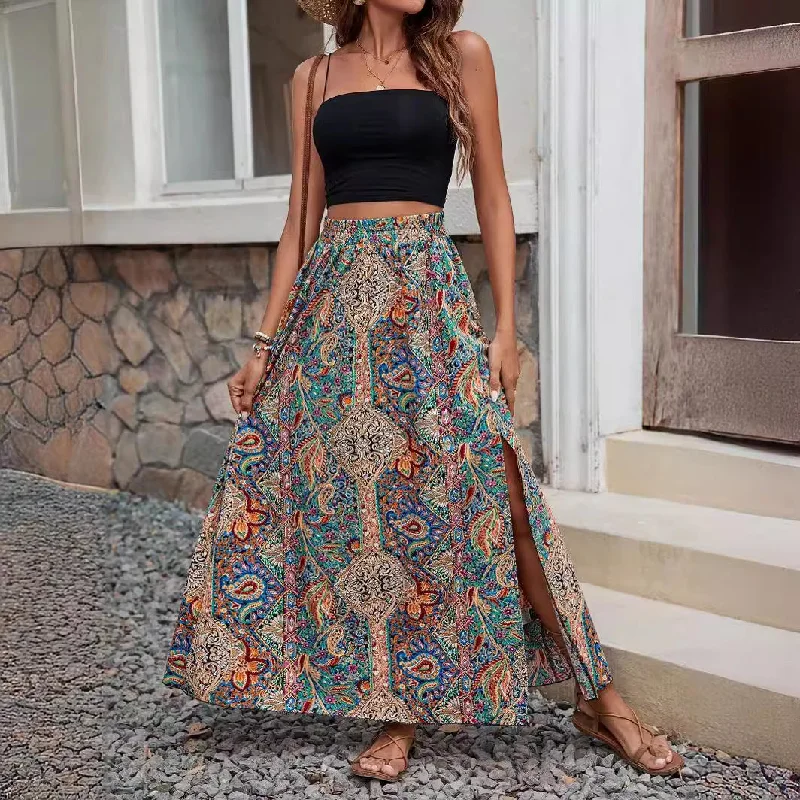 Chic Abstract Printed Women's High-Waisted skirt with Vents - Street Fashion Long Skirt