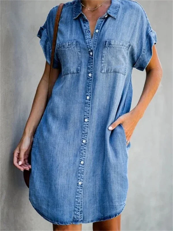 Shirt Dress – Chic Women's Short Sleeve Slim Denim Midi Dress